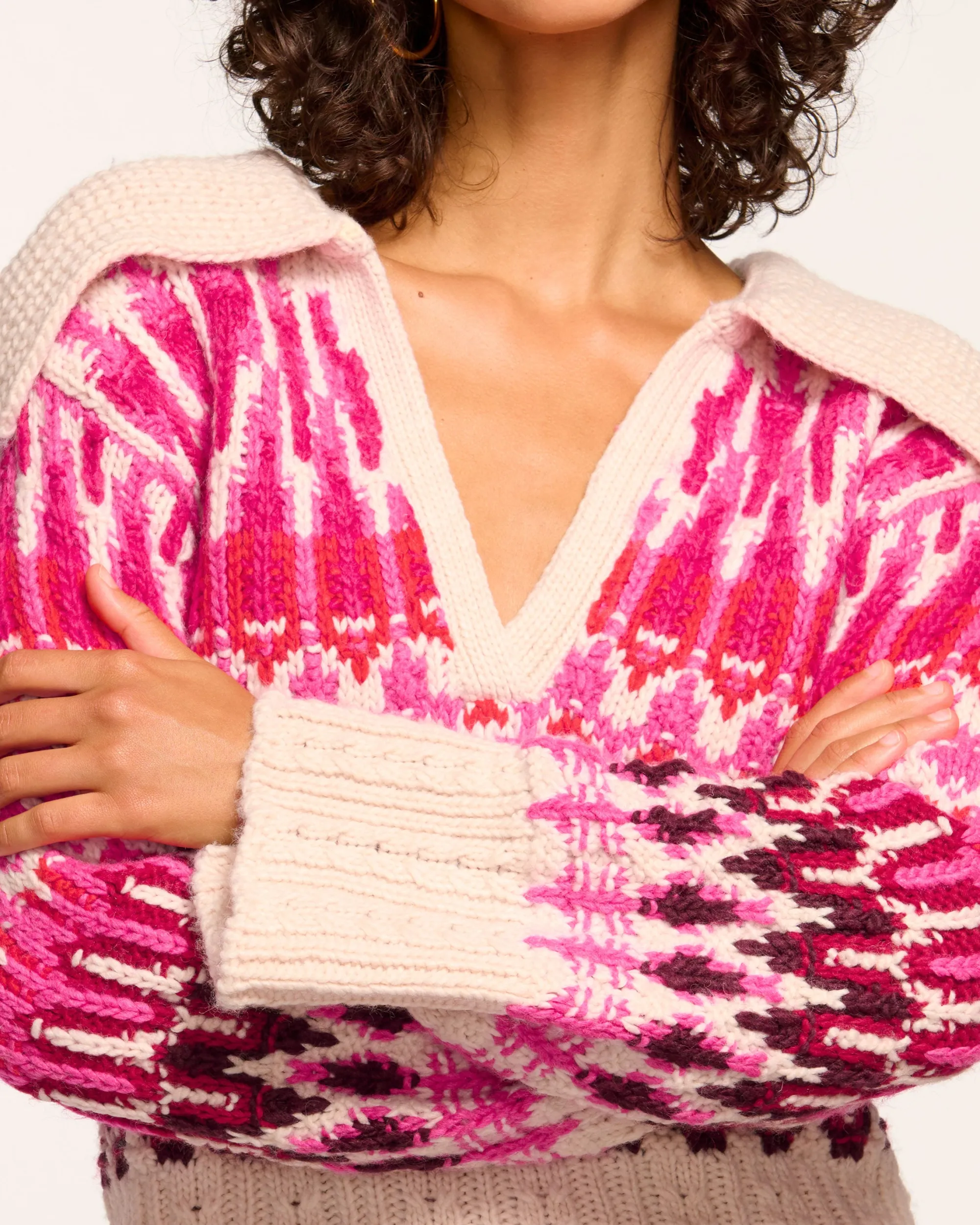 New Ramy Brook Augustus V-Neck Sweater Magentafairisle