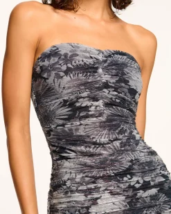 New Ramy Brook Bonnie Ruched Strapless Dress Greyfloral