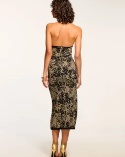 New Ramy Brook Candace Knit Halter Midi Dress Goldleopard