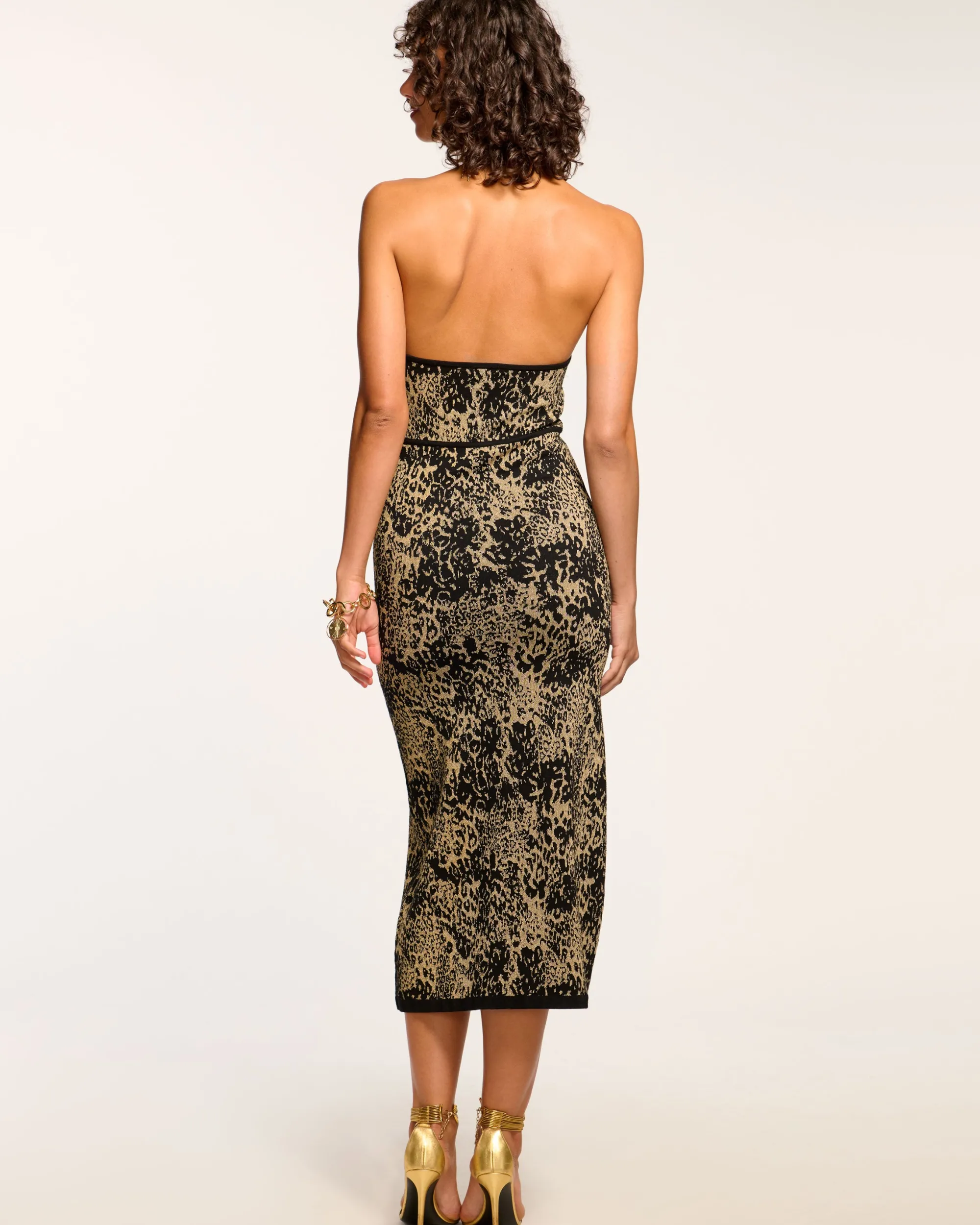 New Ramy Brook Candace Knit Halter Midi Dress Goldleopard
