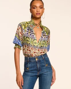 Online Ramy Brook Chela Silk V-Neck Puff Sleeve Blouse Bluemulti