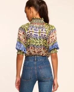 Online Ramy Brook Chela Silk V-Neck Puff Sleeve Blouse Bluemulti