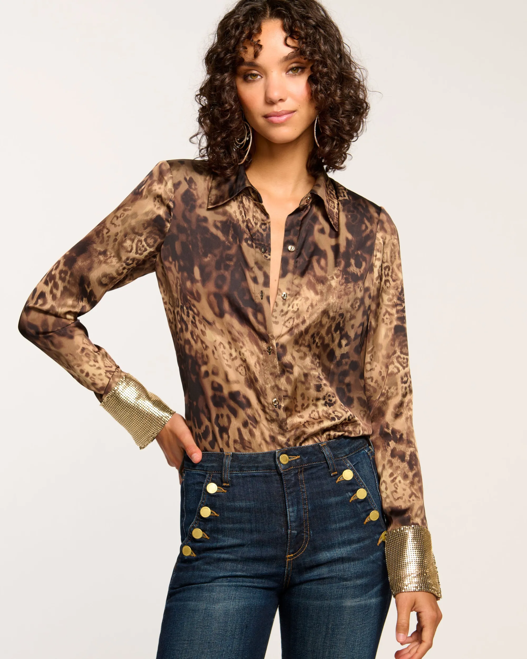 New Ramy Brook Chrystal Embellished Button Down Top Leopardchainmail