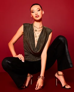 Hot Ramy Brook Consuela Sparkle Cowl Neck Top Goldknit