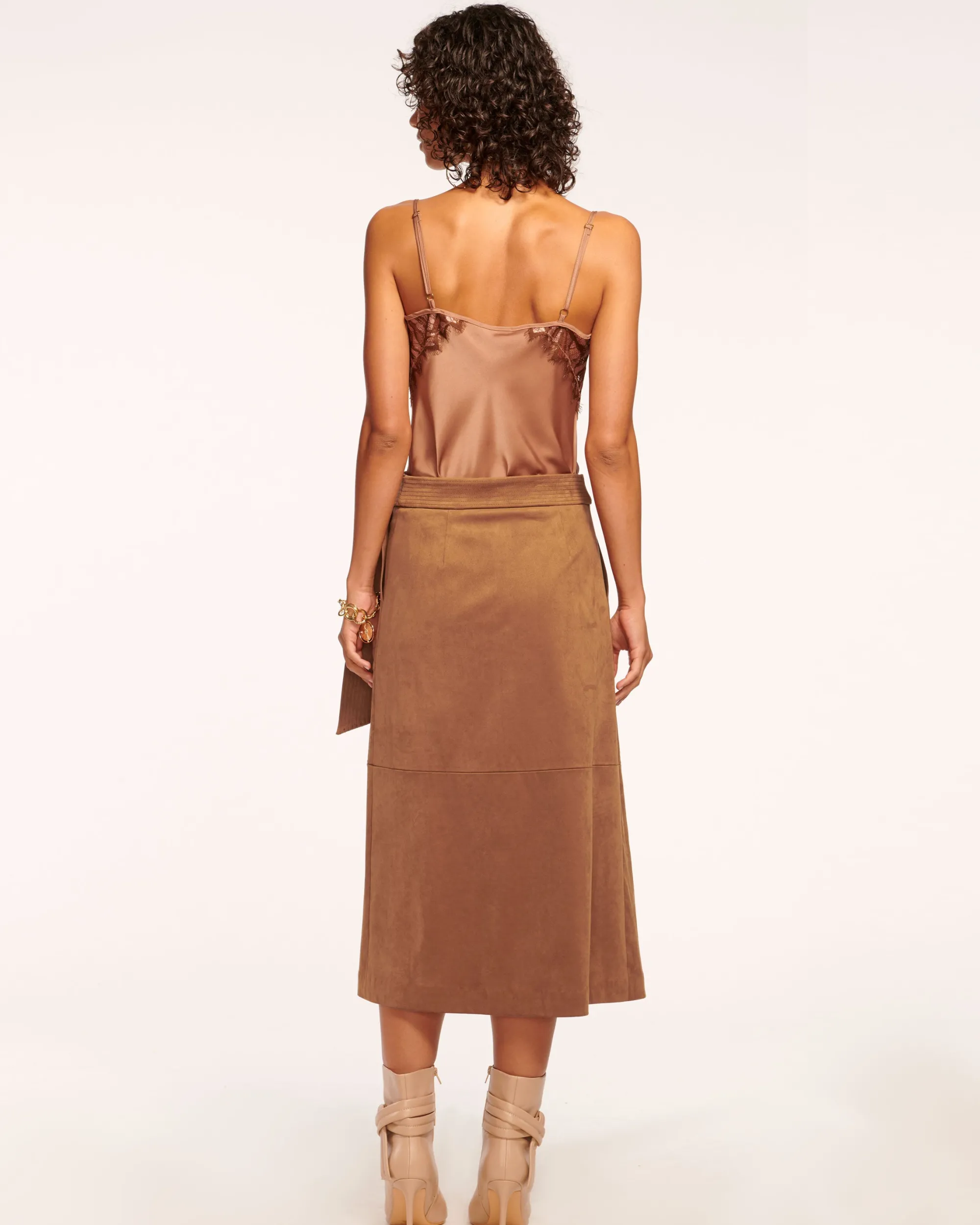 Outlet Ramy Brook Delphia Faux Suede Midi Skirt Saddle