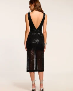 Best Ramy Brook Eli Beaded V-Neck Midi Dress Blackmesh