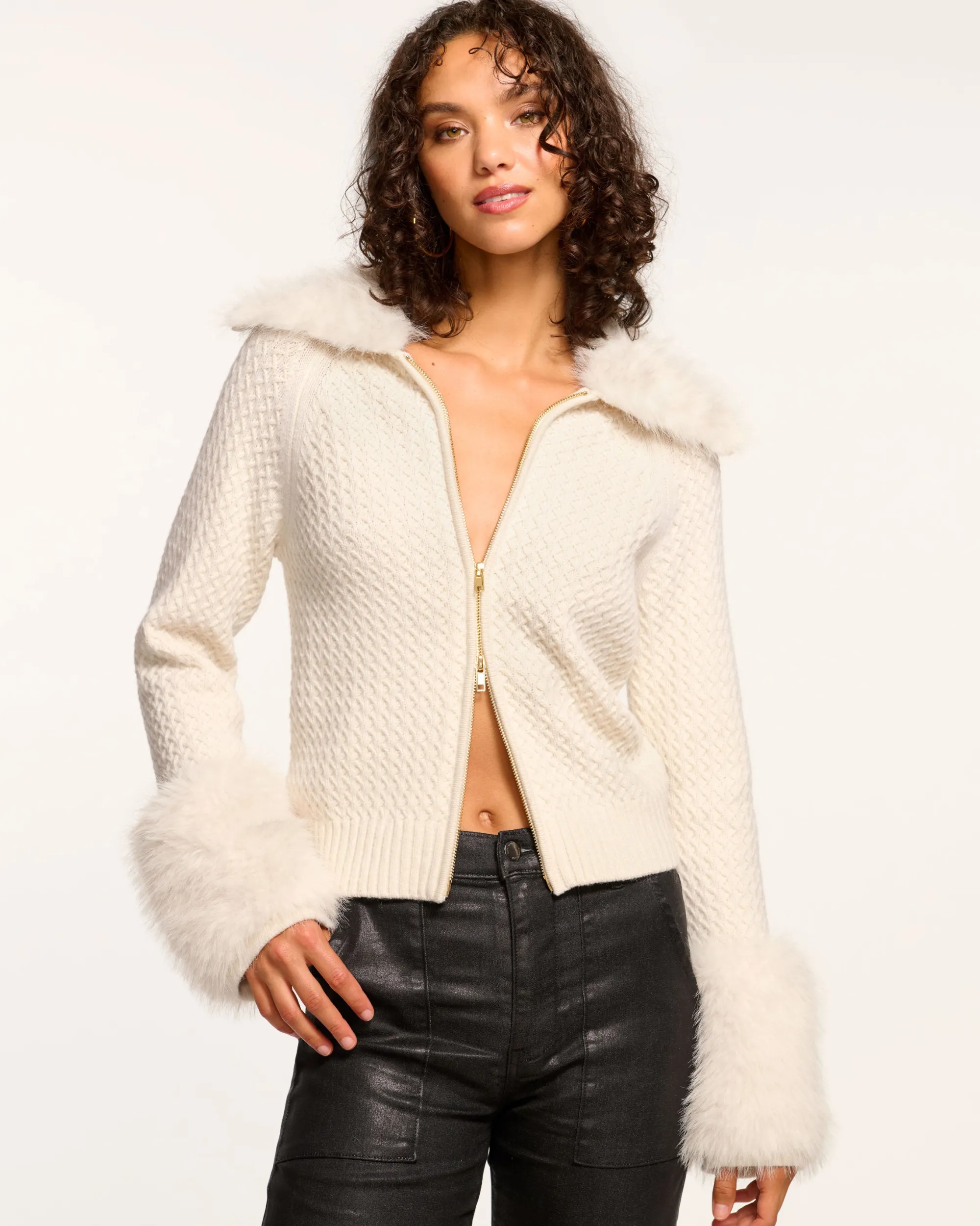 Sale Ramy Brook Felix Faux Fur Cardigan Sweater Ivory