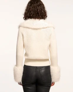 Sale Ramy Brook Felix Faux Fur Cardigan Sweater Ivory