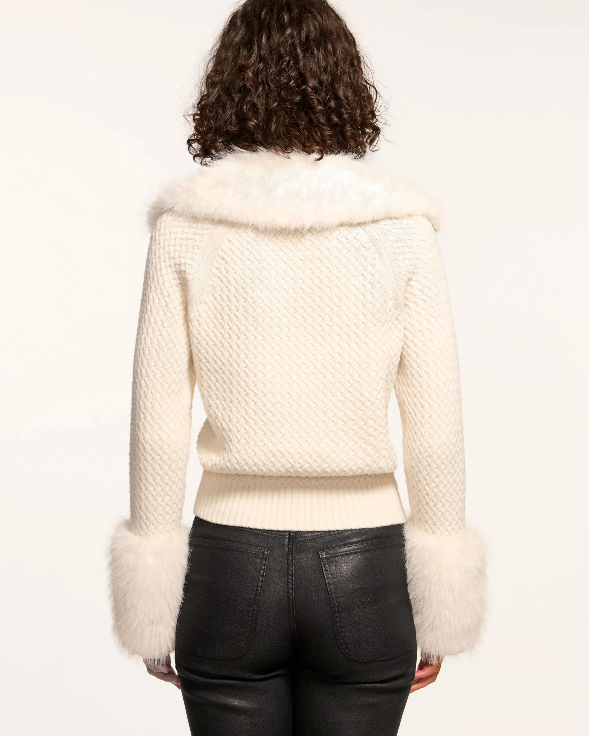 Sale Ramy Brook Felix Faux Fur Cardigan Sweater Ivory