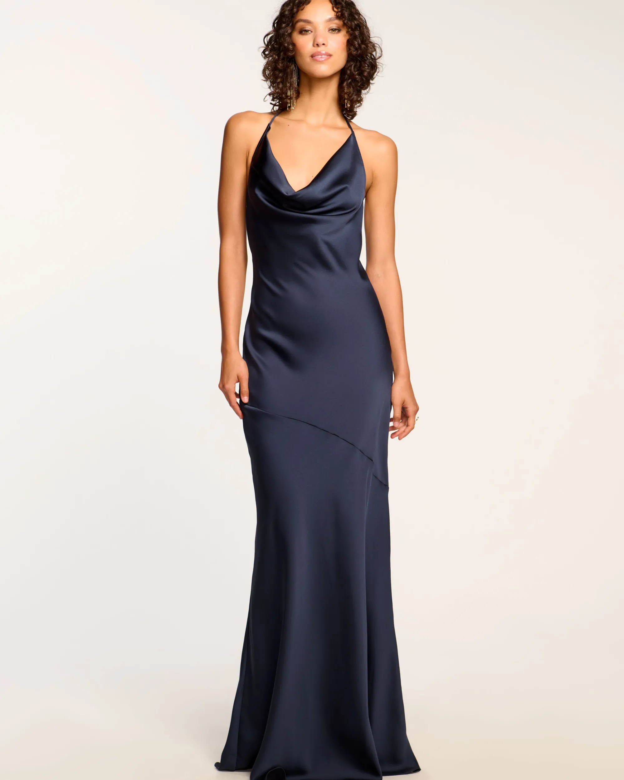 Discount Ramy Brook Haleigh Cowl Neck Halter Gown Navy