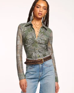 Sale Ramy Brook Hamilton Mesh Long Sleeve Top Sagetartan