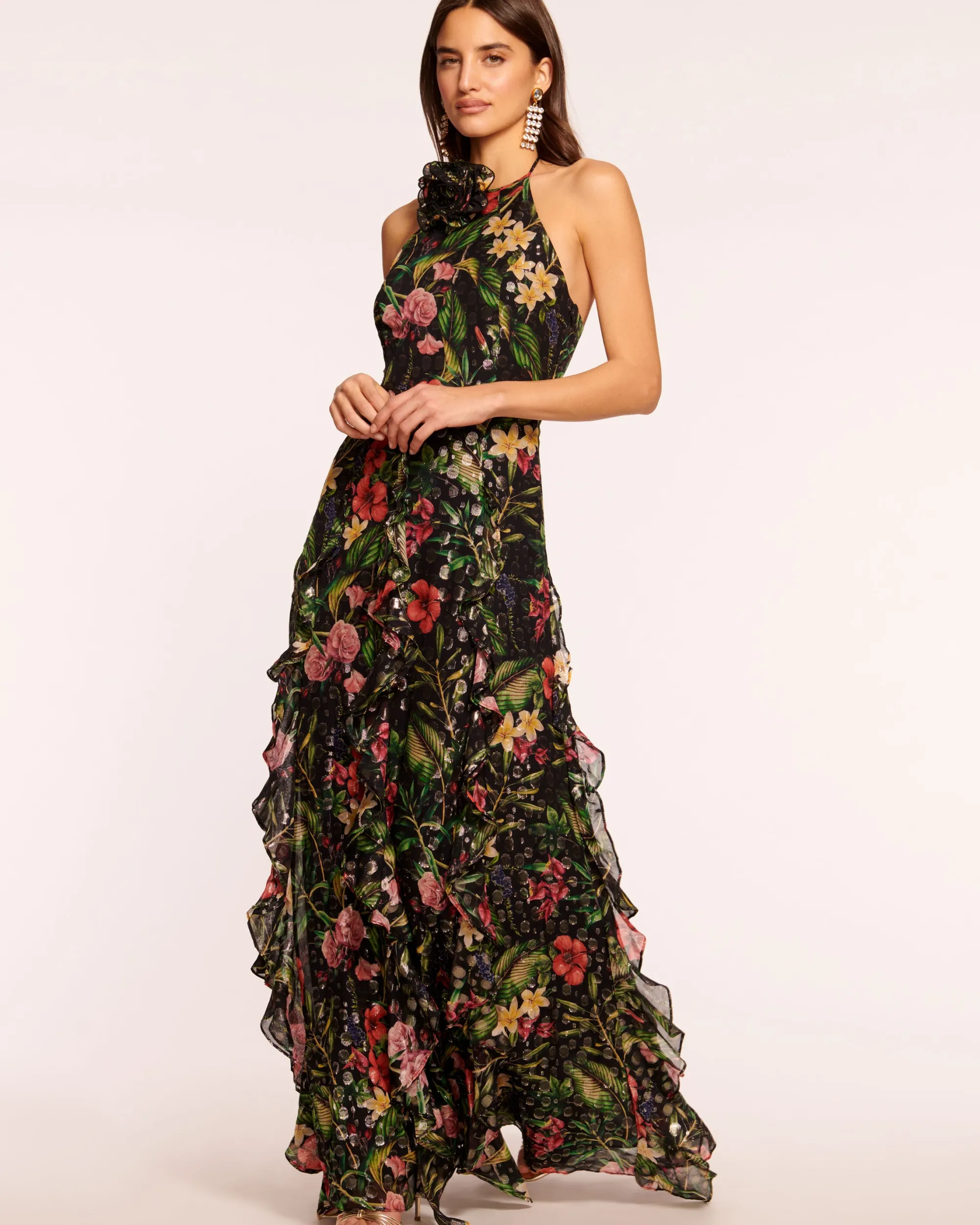 Outlet Ramy Brook Idella Ruffle Halter Gown Midnightfloral