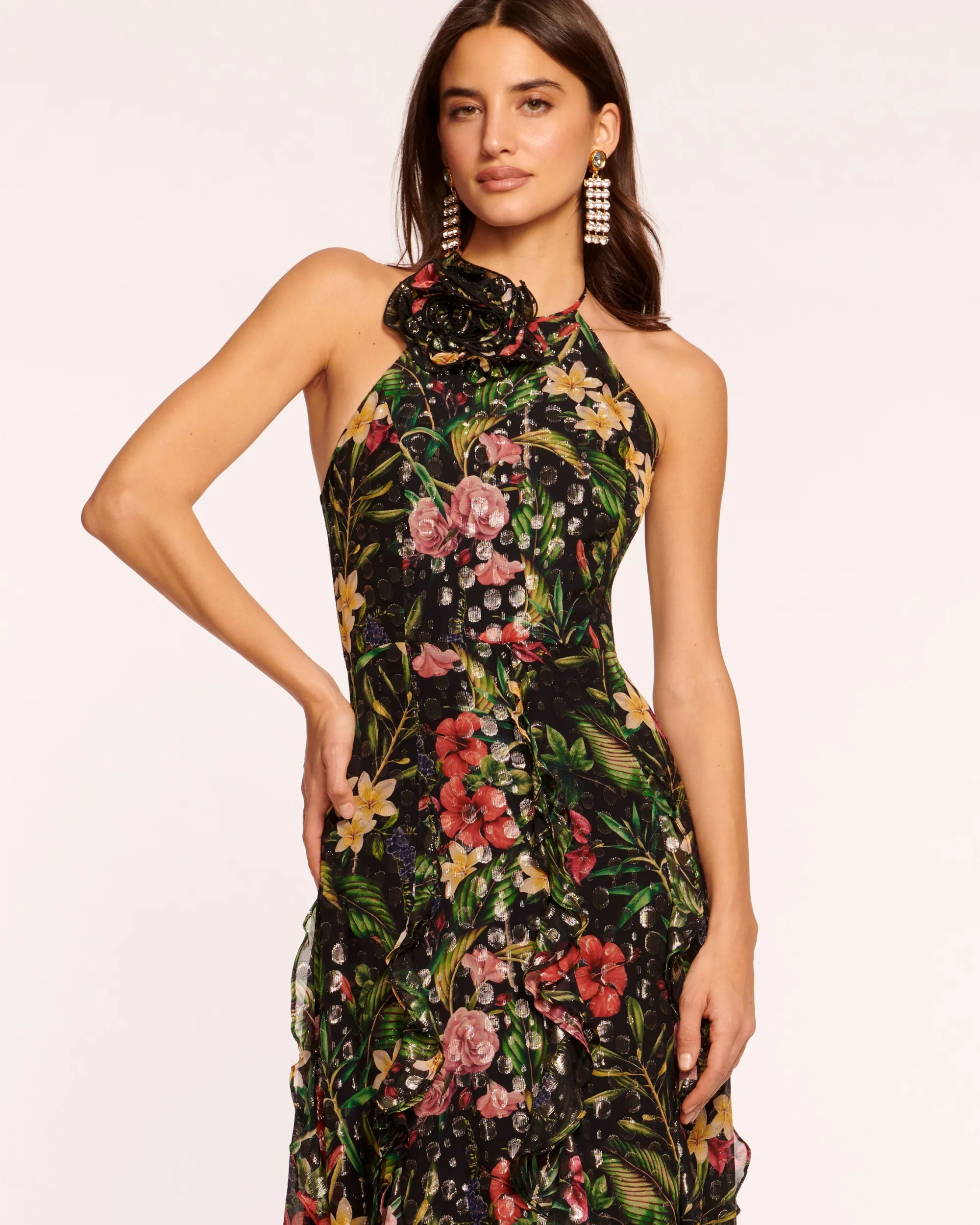 Outlet Ramy Brook Idella Ruffle Halter Gown Midnightfloral