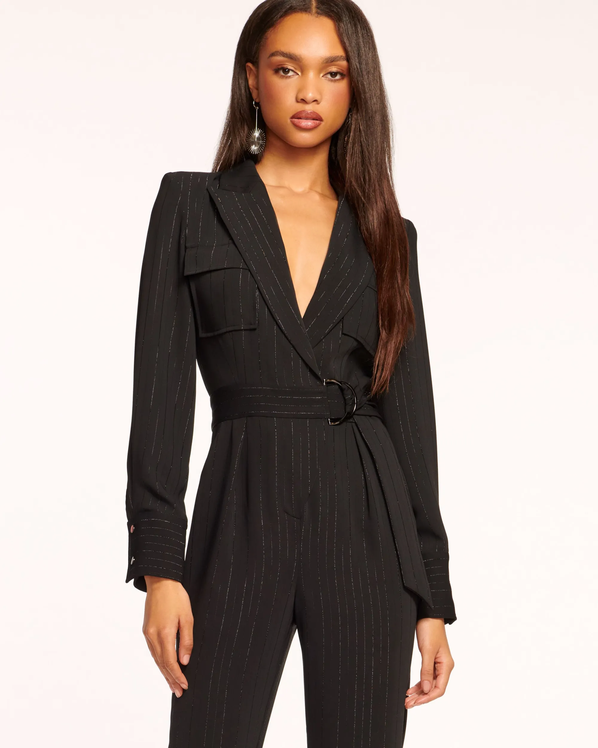 Discount Ramy Brook James Long Sleeve V-Neck Jumpsuit Blackstripe