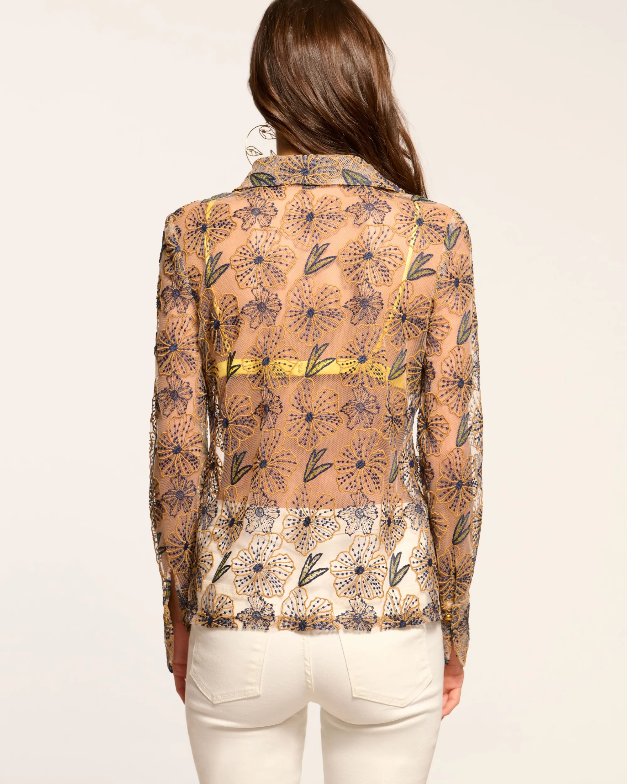 Outlet Ramy Brook Leda Sheer Embellished Long Sleeve Top Floralsequin