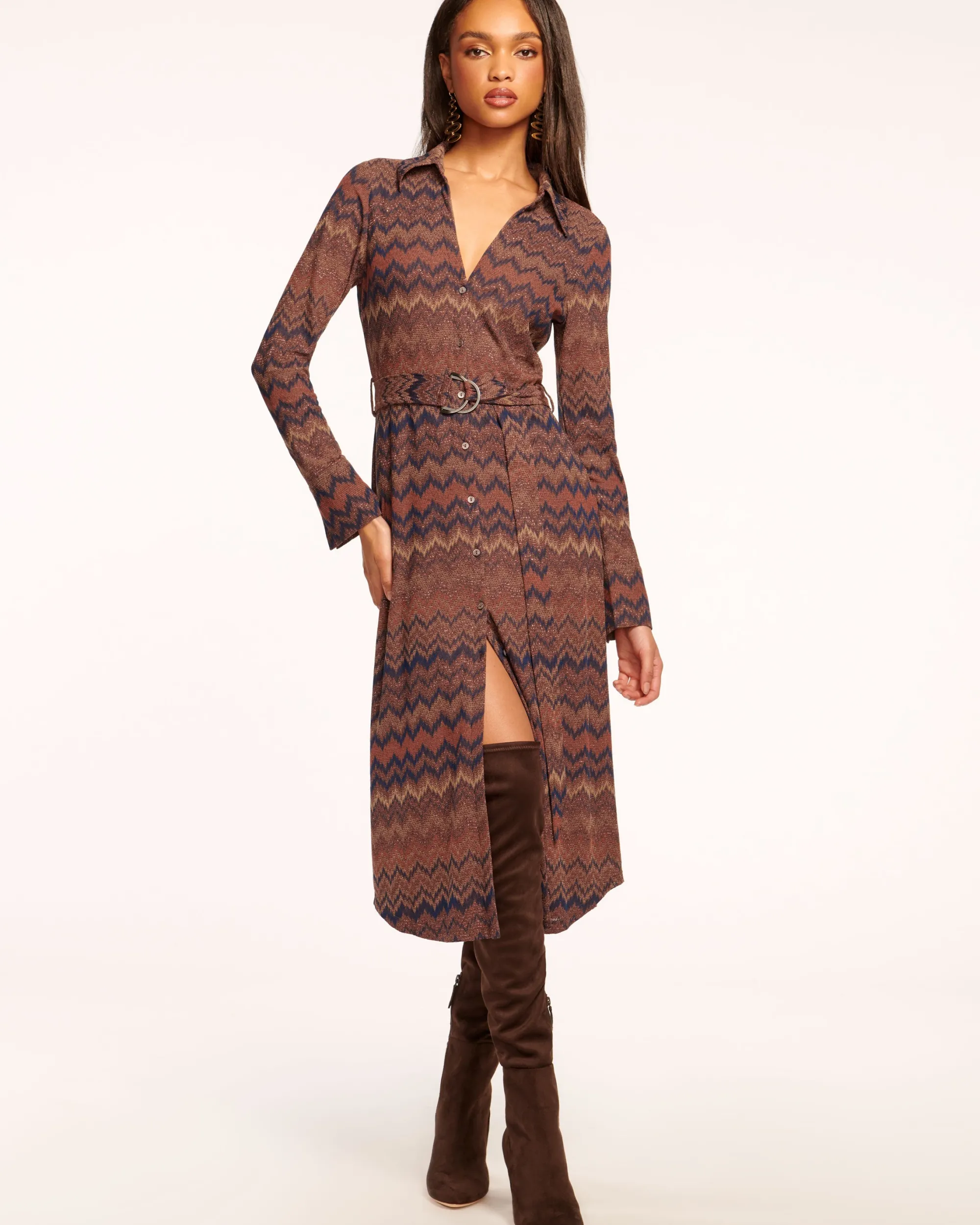 Online Ramy Brook Lydia Long Sleeve Belted Midi Dress Saddlechevron