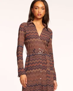 Online Ramy Brook Lydia Long Sleeve Belted Midi Dress Saddlechevron