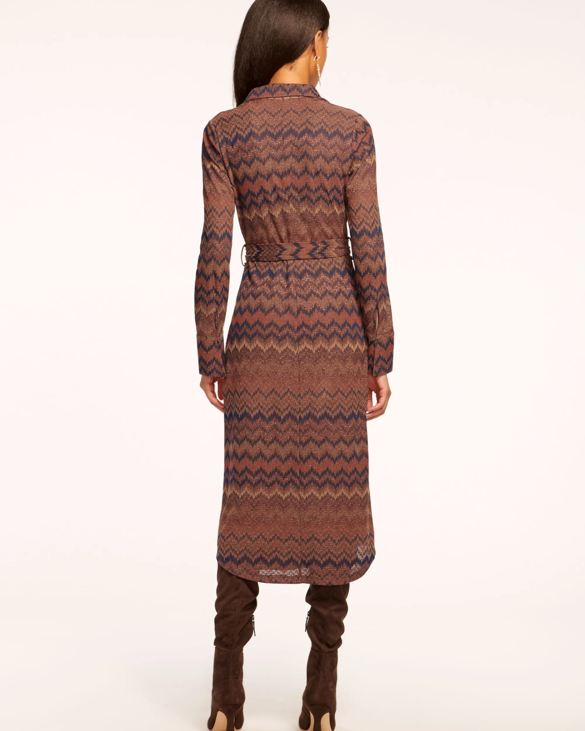 Online Ramy Brook Lydia Long Sleeve Belted Midi Dress Saddlechevron