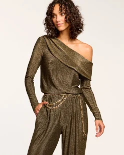 Fashion Ramy Brook Manny Off-The-Shoulder Sparkle Jumpsuit Goldknit