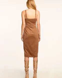New Ramy Brook Margery Faux Suede V-Neck Midi Dress Saddle