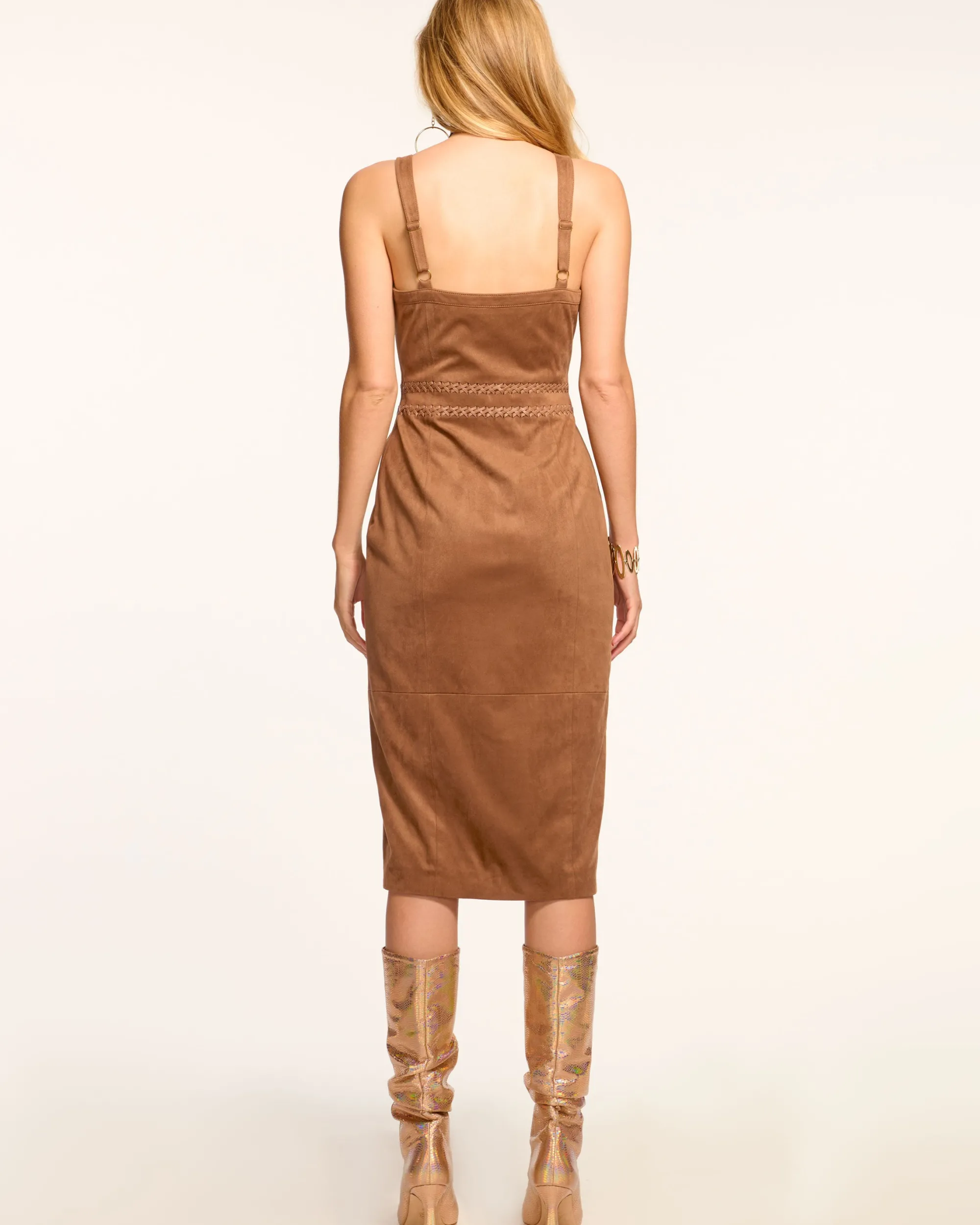 New Ramy Brook Margery Faux Suede V-Neck Midi Dress Saddle