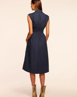 New Ramy Brook Mihal Cotton Poplin Midi Dress Navy