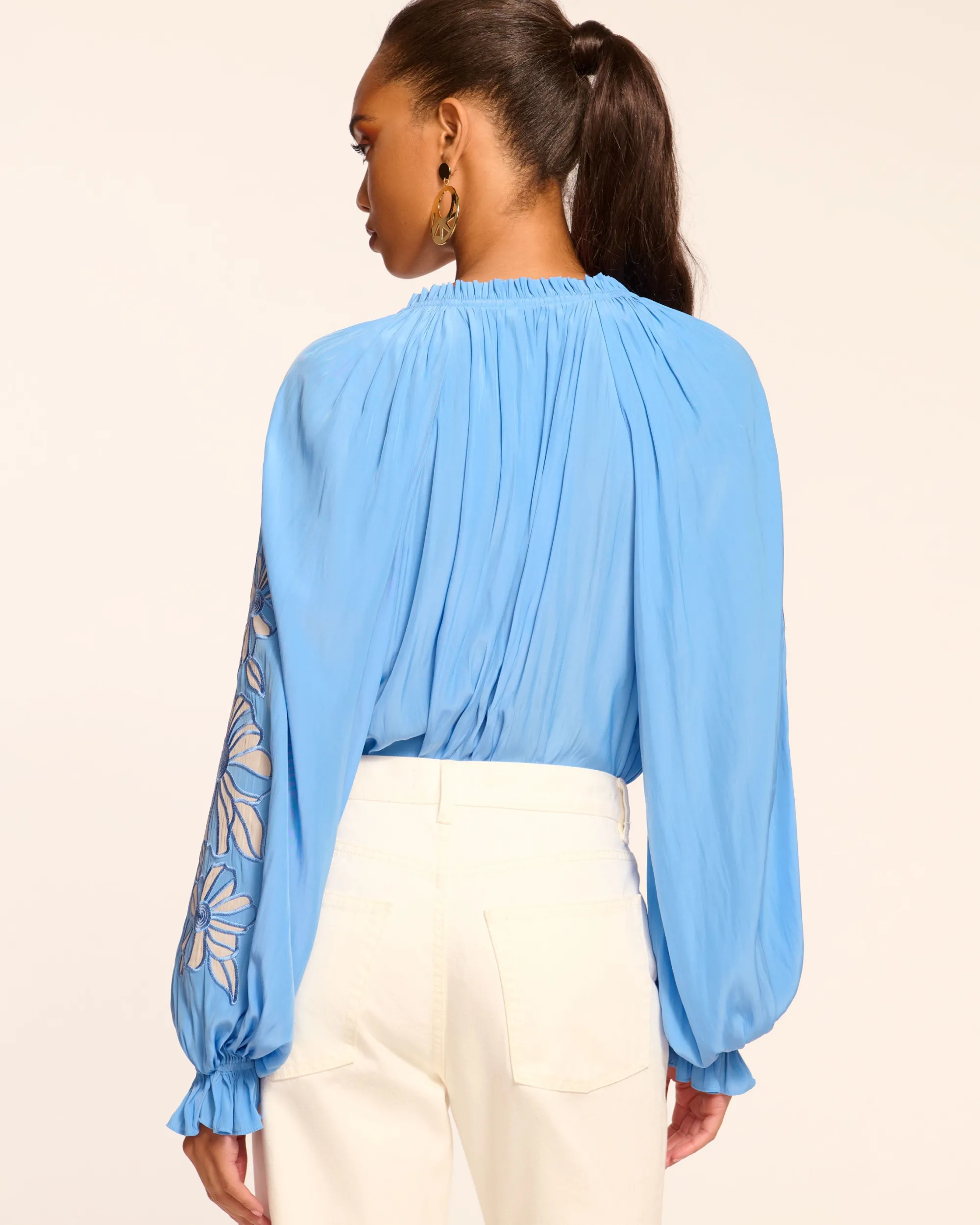 Fashion Ramy Brook Nelida Embellished Long Sleeve Blouse Ribbonblue