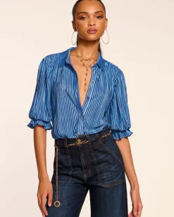 Discount Ramy Brook Pleated Dina Short Sleeve Bodysuit Bluepleats