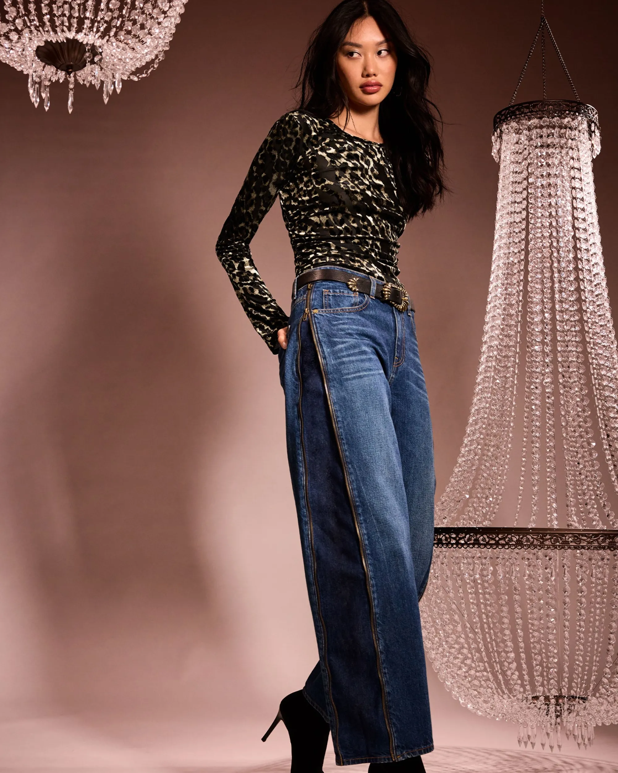 Online Ramy Brook Stefania Ruched Knit Long Sleeve Top Animalburnout