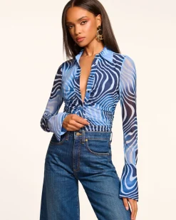 Best Ramy Brook Talisa Long Sleeve Button Down Mesh Top Navyswirl