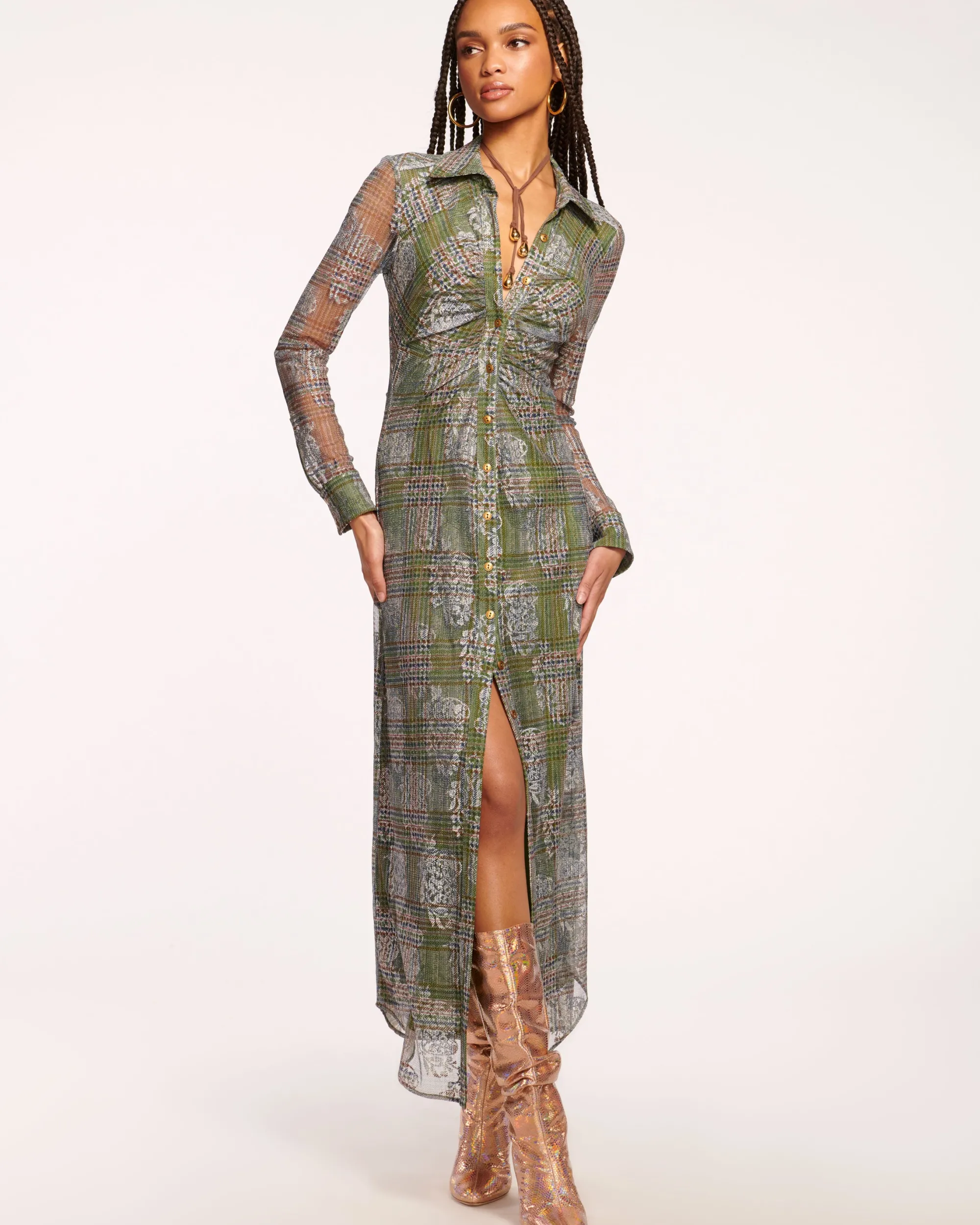 Online Ramy Brook Wyatt Button Down Mesh Maxi Dress Sagetartan